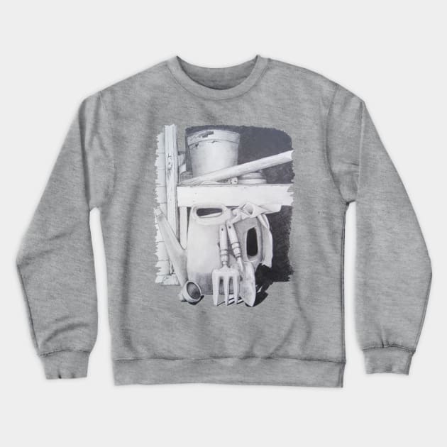 pencil drawing picture of garden tools still life Crewneck Sweatshirt by pollywolly